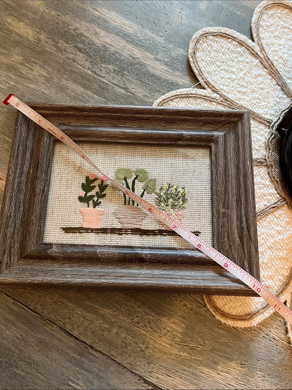 Rustic Brown Framed Embroidered Plant Art - Brown